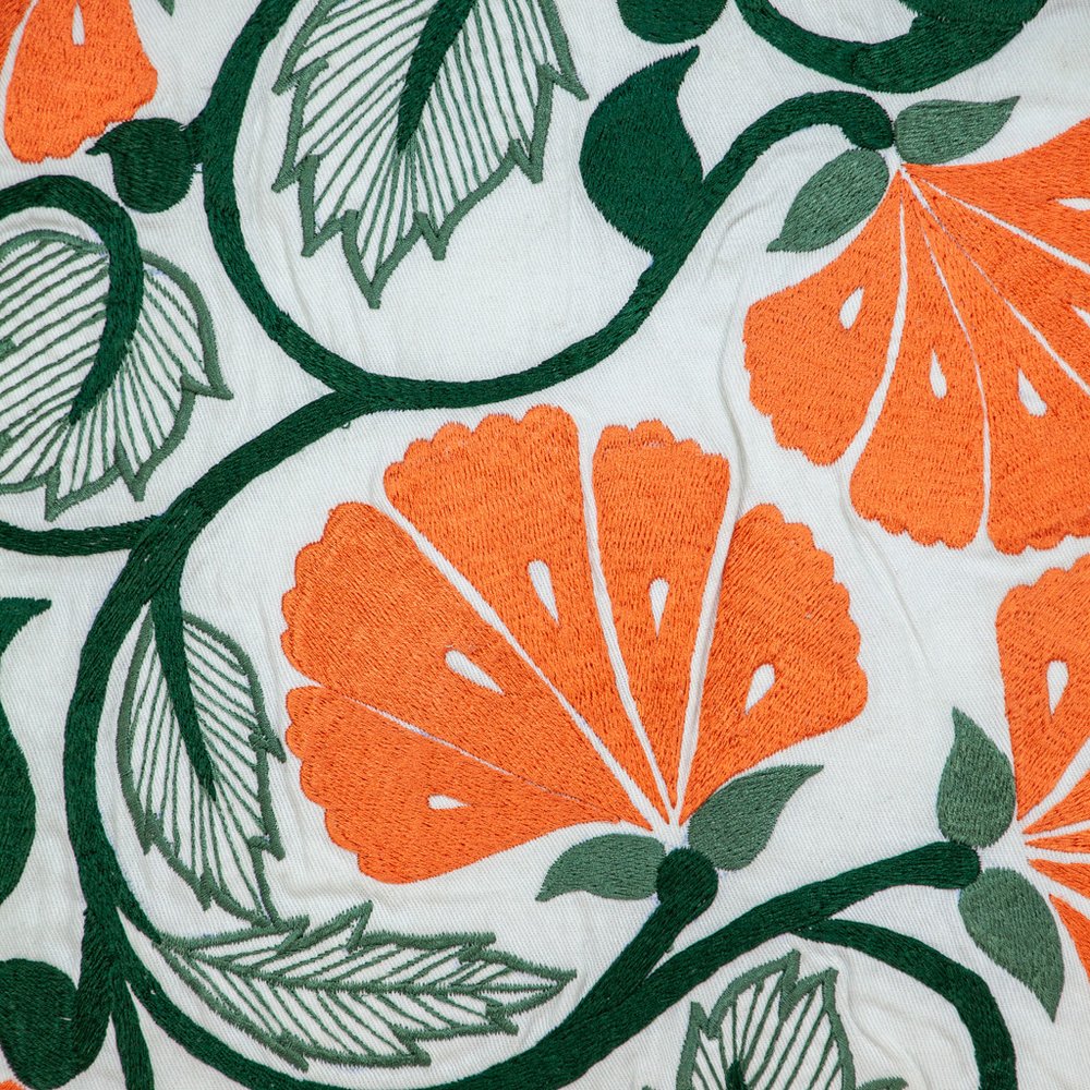 22" Orange And White Floral Cotton Throw Pillow with Embroidery