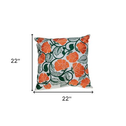 22" Orange and White Floral Cotton Throw Pillow With Embroidery