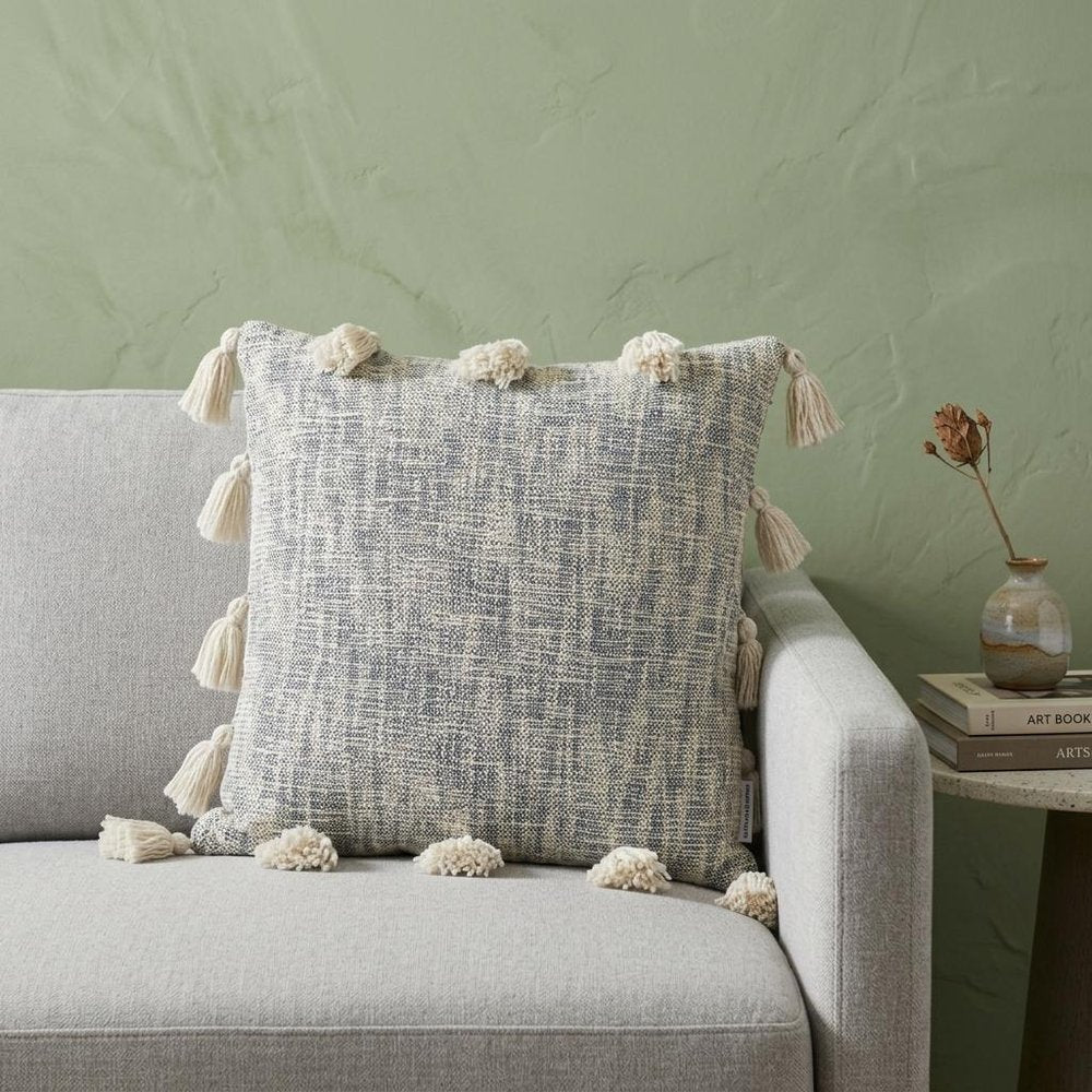 18" Gray and White Striped Cotton Throw Pillow With Tassels
