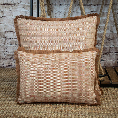 24" Brown and White Striped Cotton Throw Pillow With Fringe