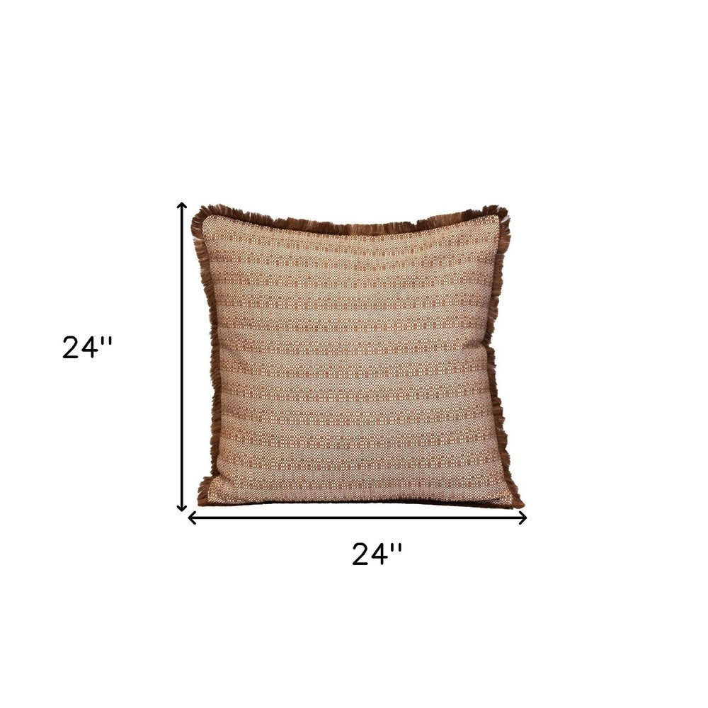 24" Brown and White Striped Cotton Throw Pillow With Fringe