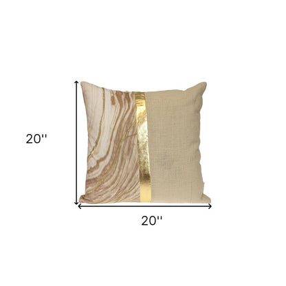 20" Beige and Gold Striped Cotton Blend Throw Pillow