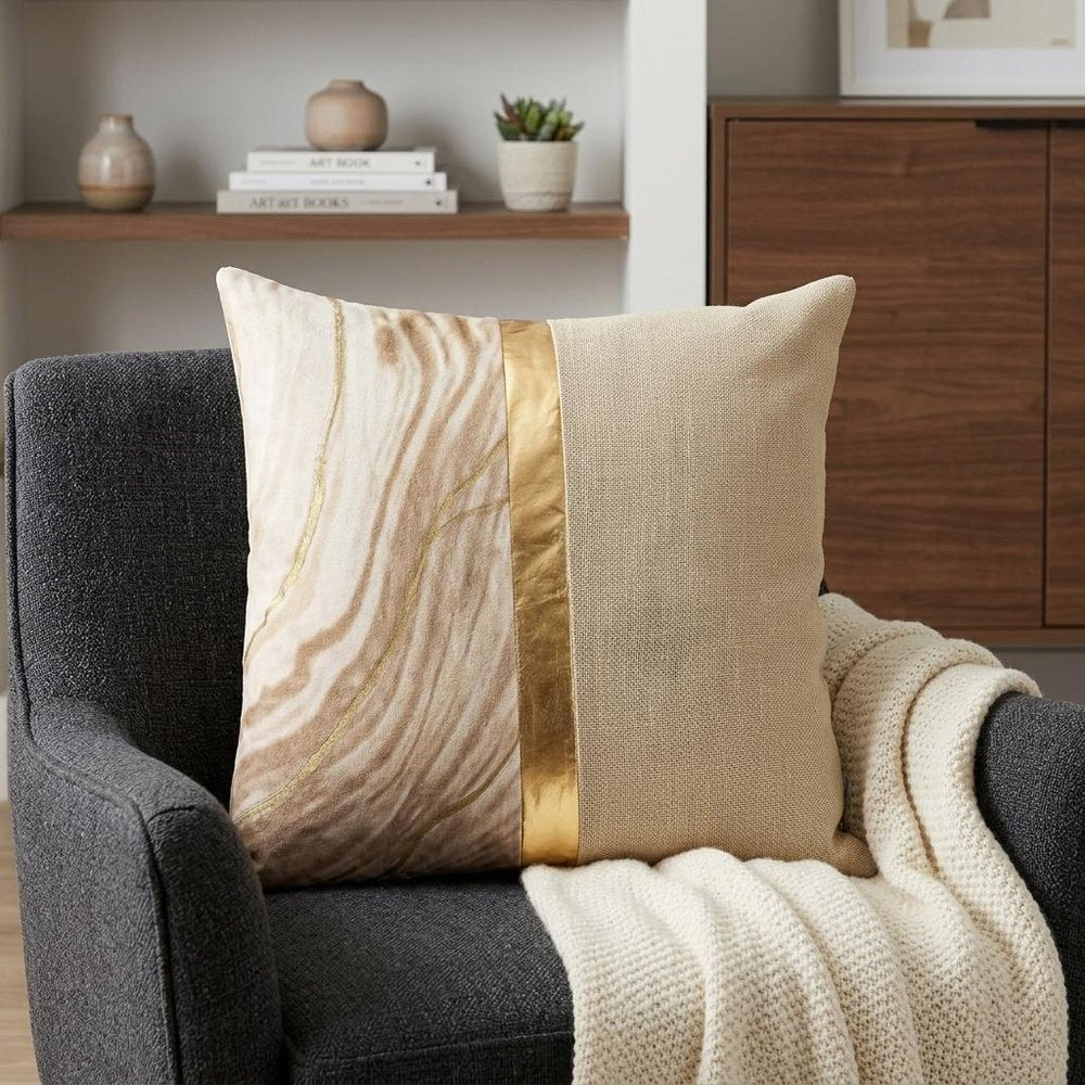 20" Beige and Gold Striped Cotton Blend Throw Pillow