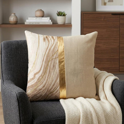 20" Beige and Gold Striped Cotton Blend Throw Pillow