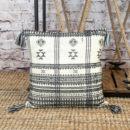 18" Beige and Black Southwestern Cotton Throw Pillow With Tassels