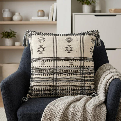 18" Beige and Black Southwestern Cotton Throw Pillow With Tassels