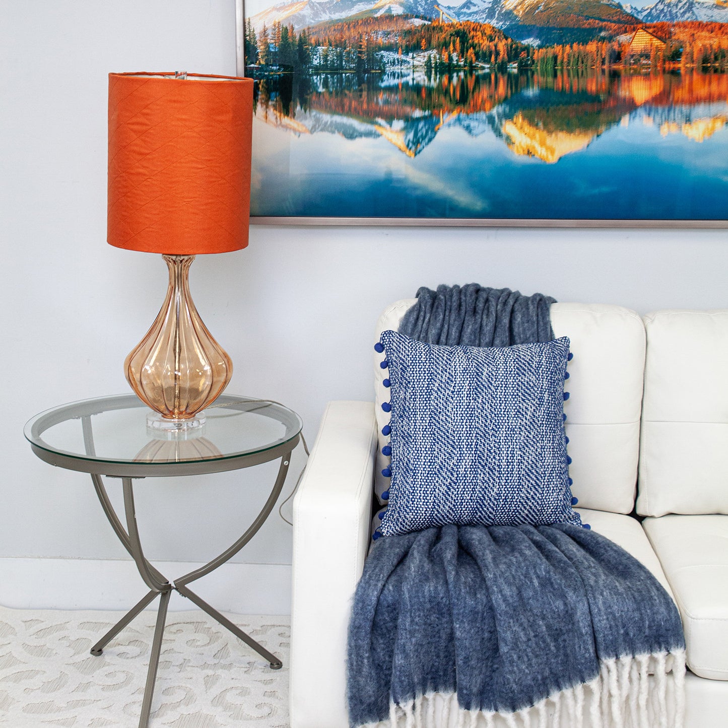 18" Blue and White Weave Cotton Throw Pillow With Pom Poms