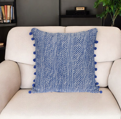 18" Blue and White Weave Cotton Throw Pillow With Pom Poms