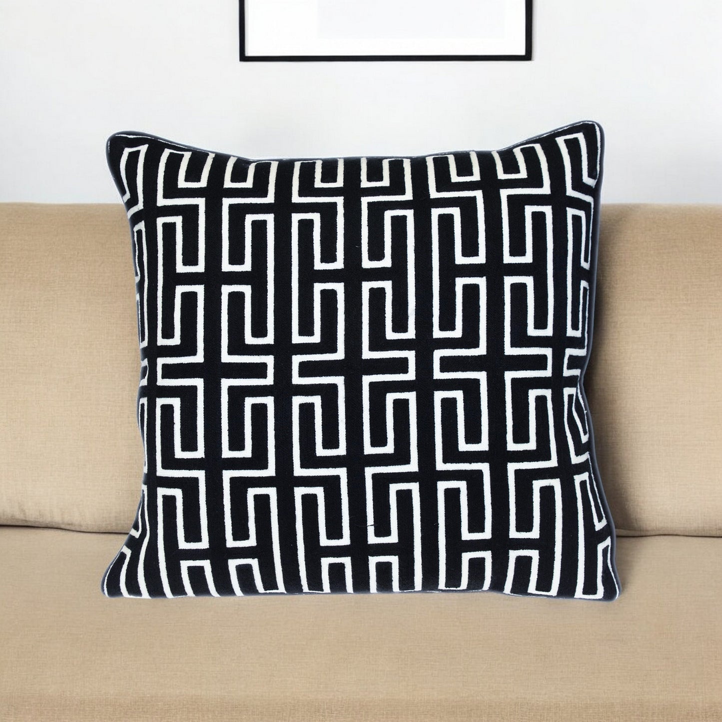 20" X 20" Black Geometric Cotton Zippered Pillow