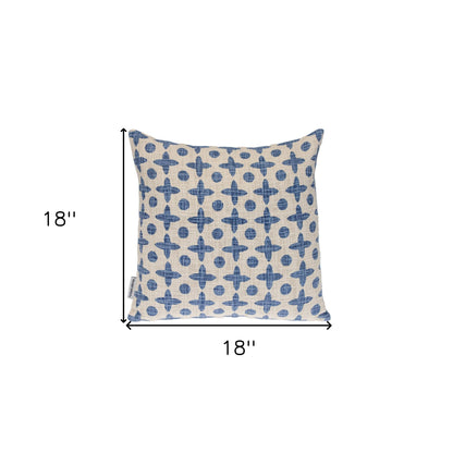 18" Beige and Blue Geometric Cotton Throw Pillow