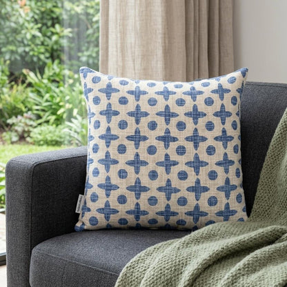18" Beige and Blue Geometric Cotton Throw Pillow