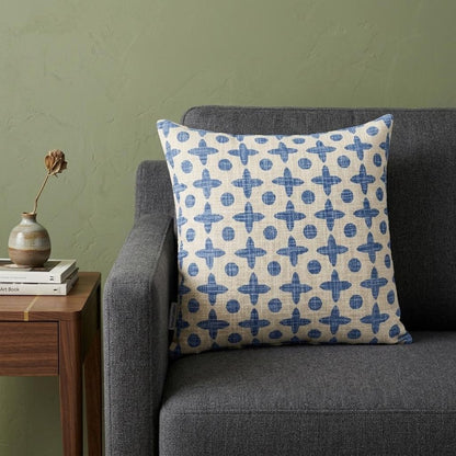 18" Beige and Blue Geometric Cotton Throw Pillow