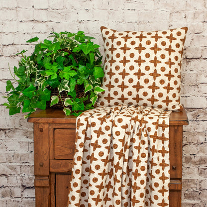 18" Beige and Brown Geometric Cotton Throw Pillow