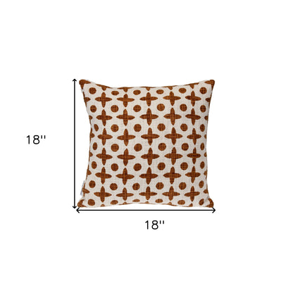 18" Beige and Brown Geometric Cotton Throw Pillow