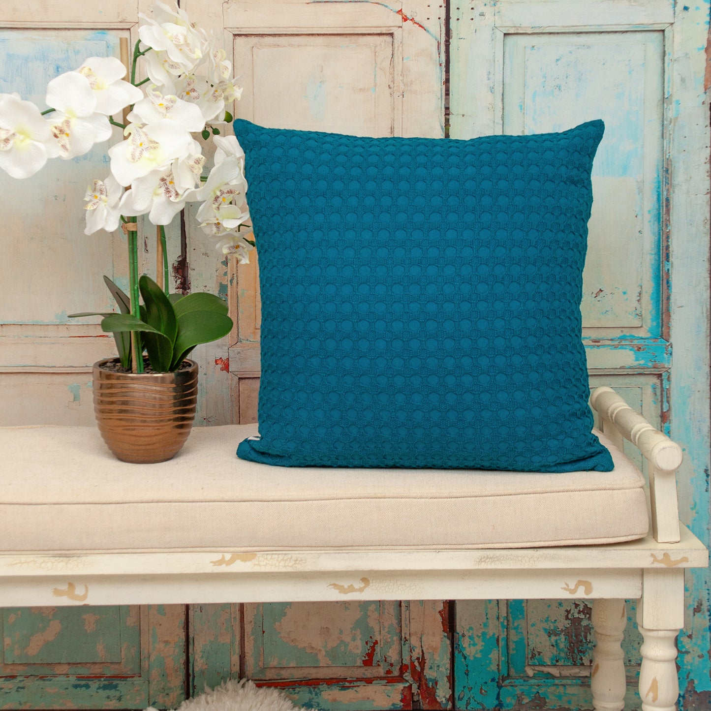 20" Blue Cotton Throw Pillow With Texture