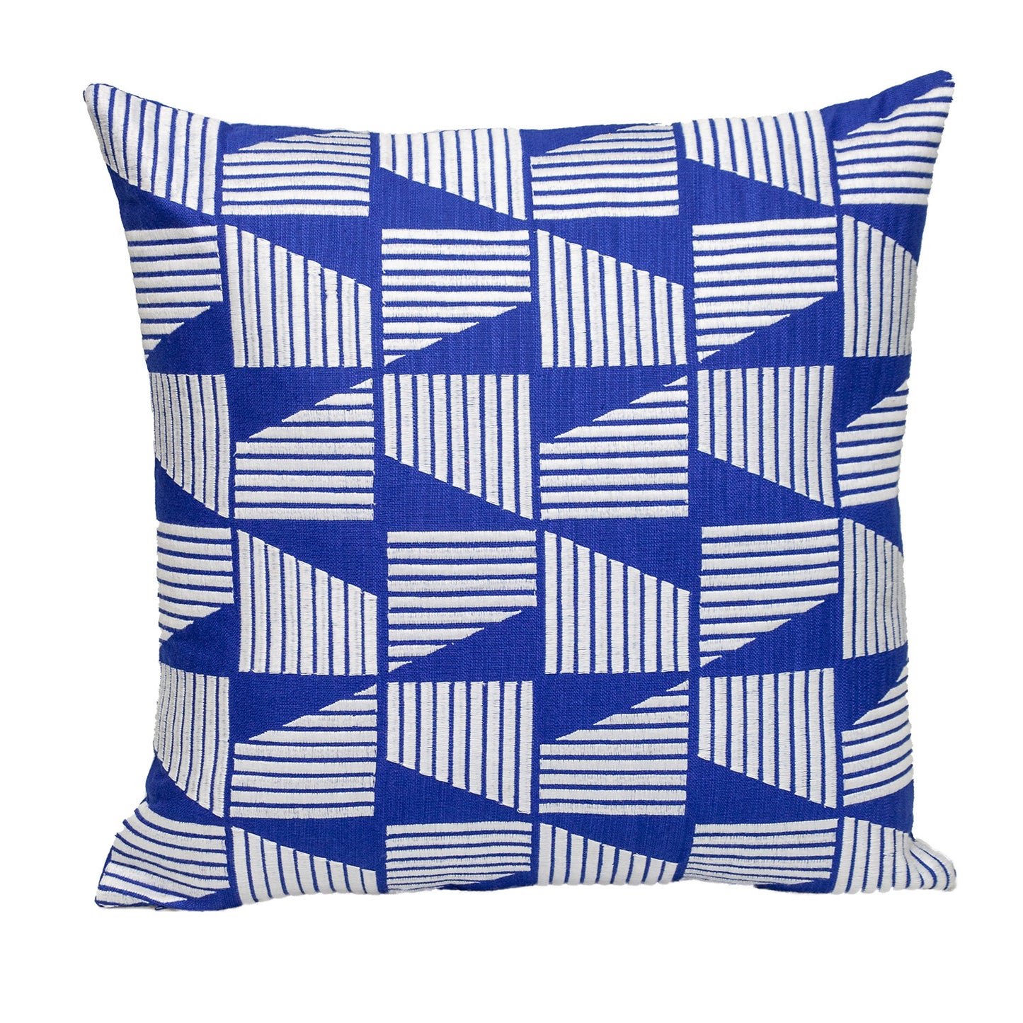 18" Blue and White Geometric Cotton Throw Pillow With Embroidery