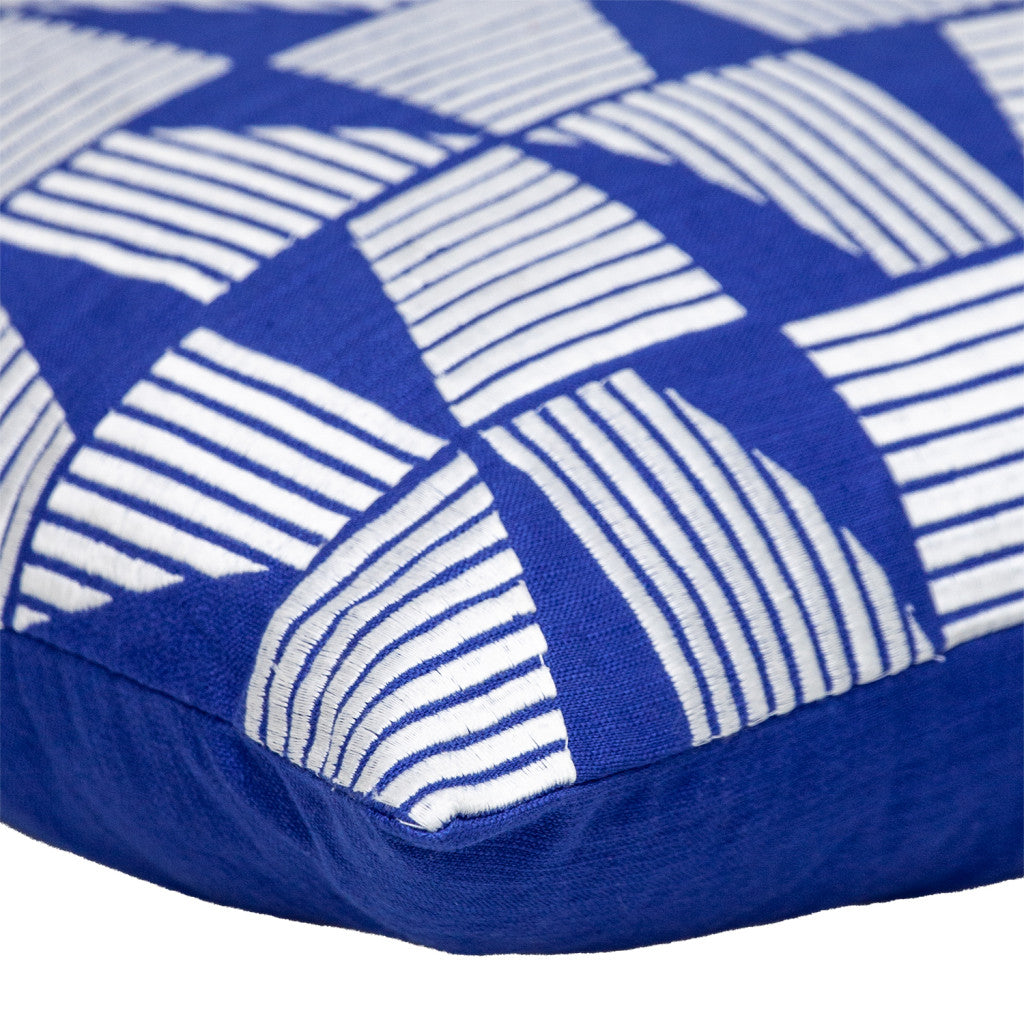 18" Blue and White Geometric Cotton Throw Pillow With Embroidery