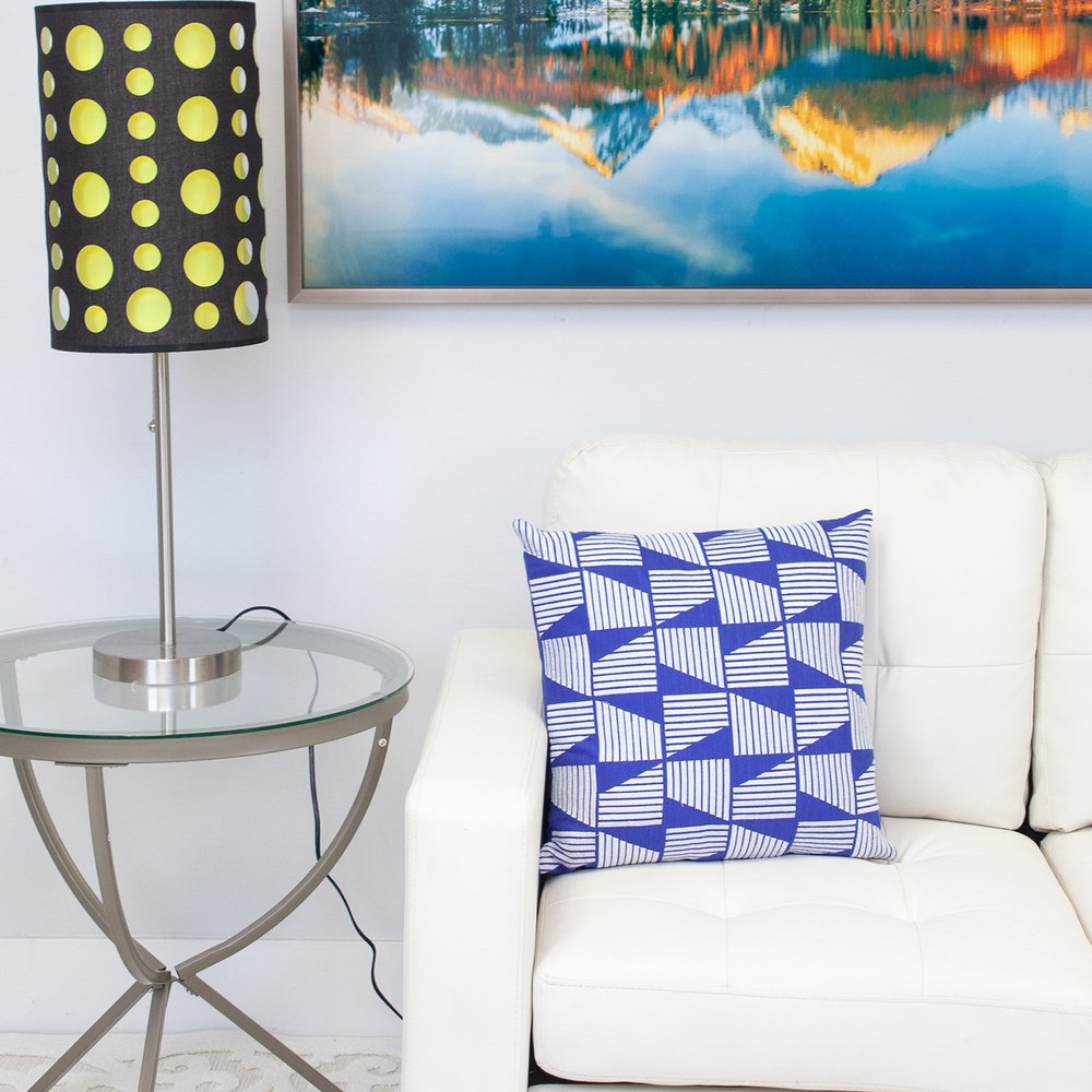 18" Blue and White Geometric Cotton Throw Pillow With Embroidery