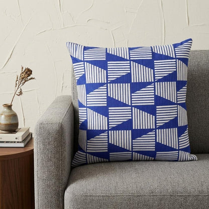 18" Blue and White Geometric Cotton Throw Pillow With Embroidery