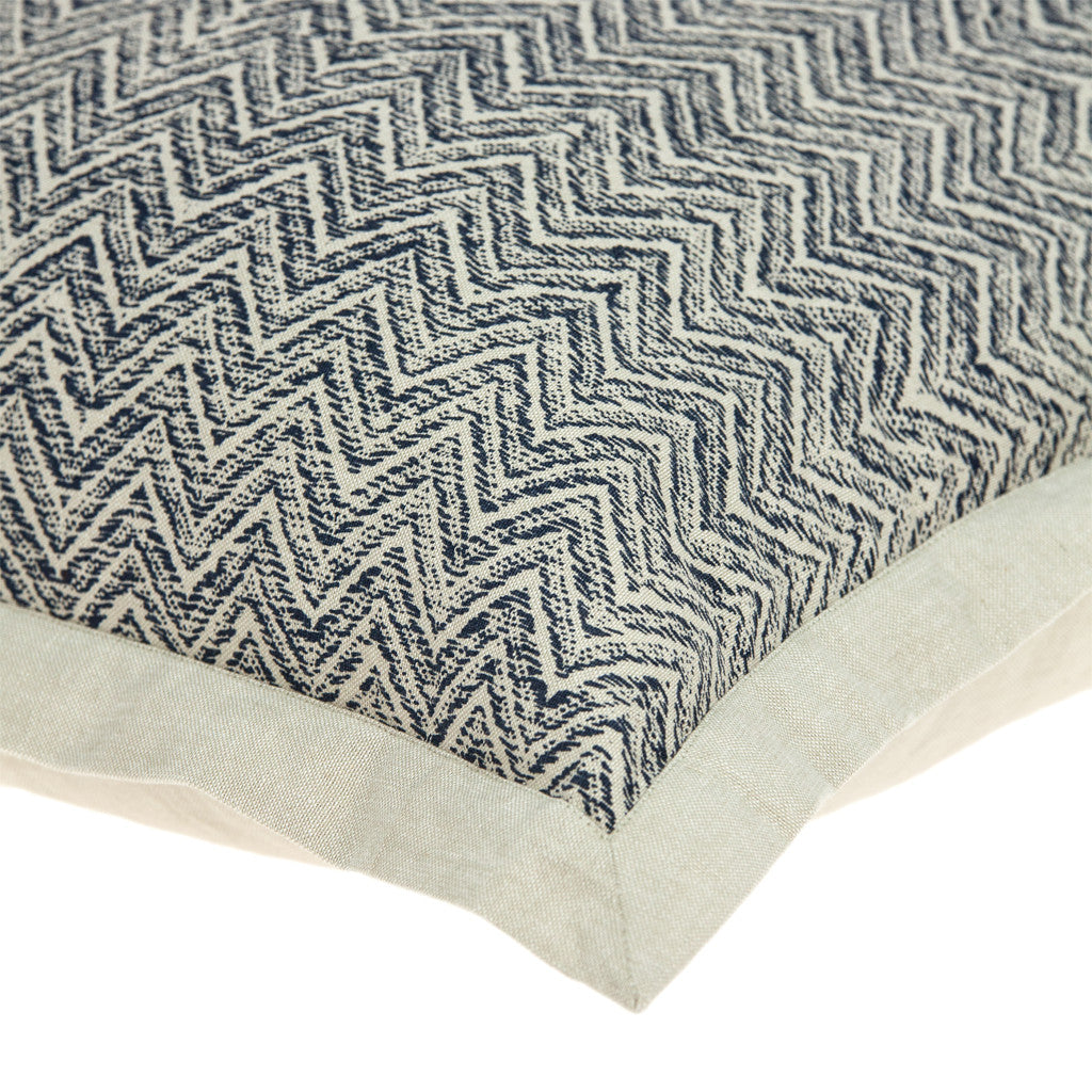 20" Beige and Blue Zigzag Cotton Throw Pillow