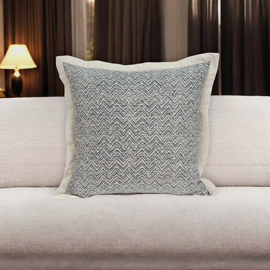 20" Beige and Blue Zigzag Cotton Throw Pillow