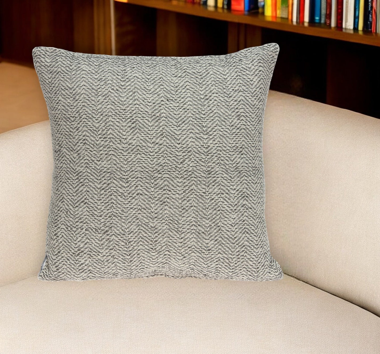 20" Beige and Gray Herringbone Cotton Throw Pillow