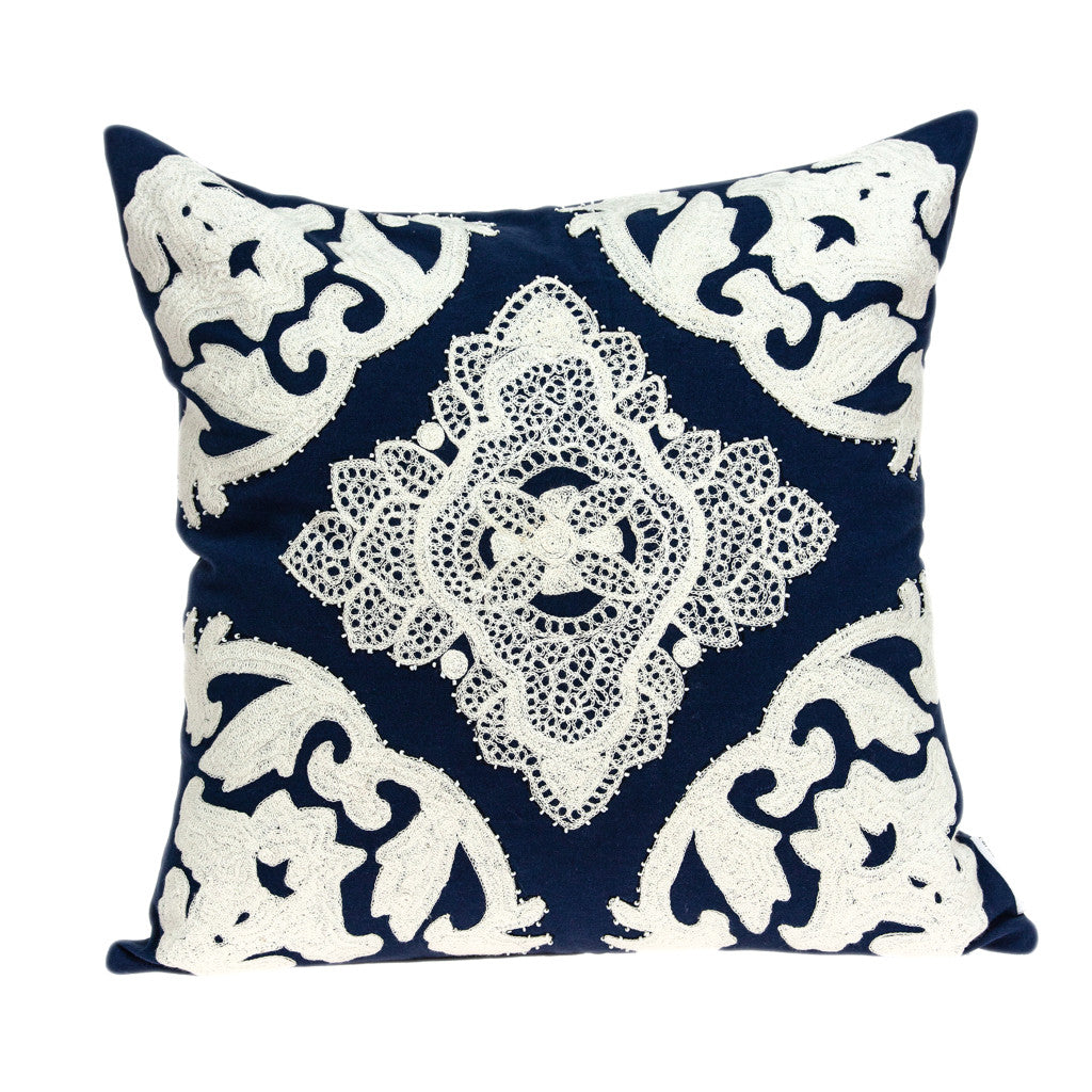 20" Blue and White Damask Cotton Throw Pillow With Embroidery