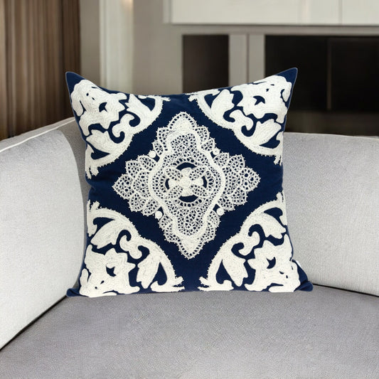 20" Blue and White Damask Cotton Throw Pillow With Embroidery