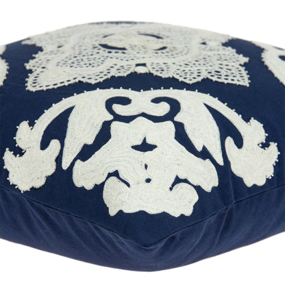 20" Blue and White Damask Cotton Throw Pillow With Embroidery