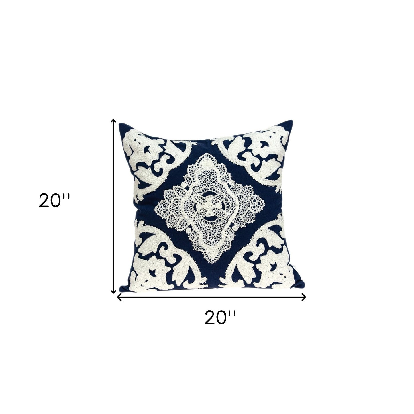 20" Blue and White Damask Cotton Throw Pillow With Embroidery