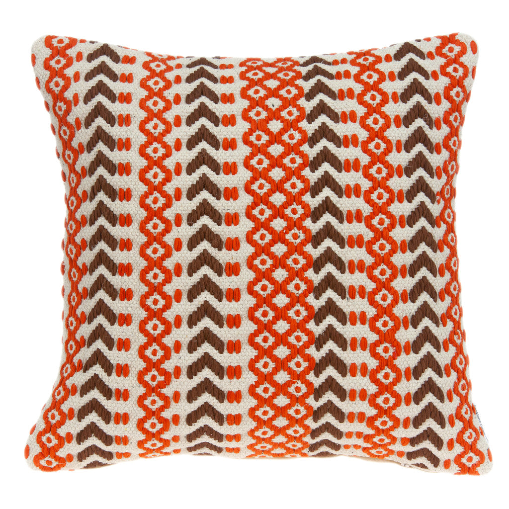 20" Beige and Orange Striped Cotton Blend Throw Pillow