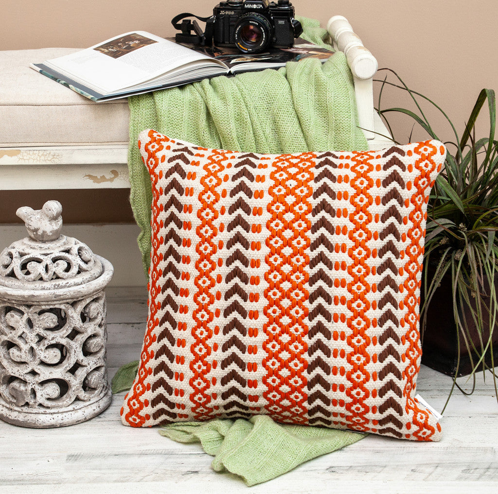 20" Beige and Orange Striped Cotton Blend Throw Pillow