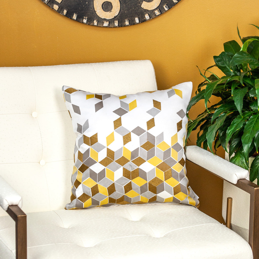 20" Gray and Gold Geometric Throw Pillow With Embroidery