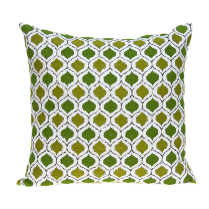 20" Green and White Ogee Cotton Throw Pillow With Embroidery