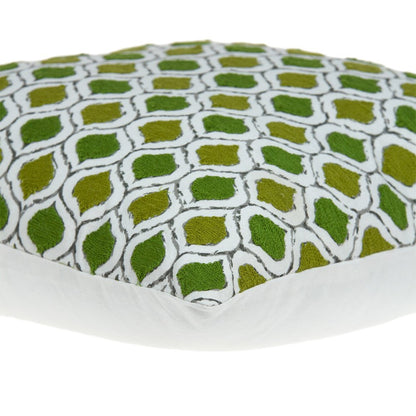 20" Green and White Ogee Cotton Throw Pillow With Embroidery