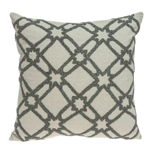 20" Beige and Gray Diamond Cotton Throw Pillow With Embroidery