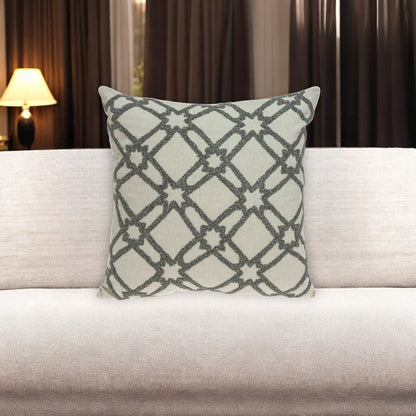 20" Beige and Gray Diamond Cotton Throw Pillow With Embroidery