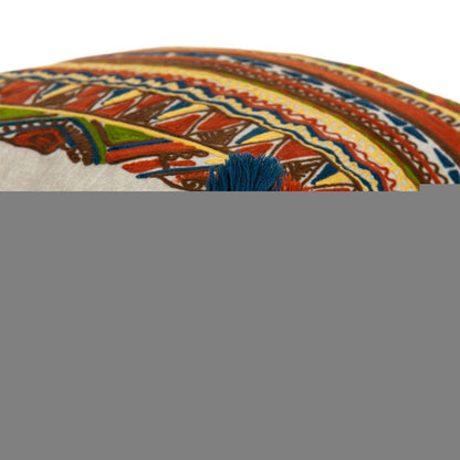 20" Beige and Orange Striped Cotton Blend Throw Pillow With Embroidery
