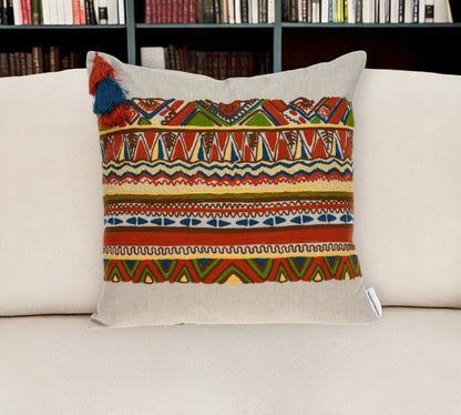 20" Beige and Orange Striped Cotton Blend Throw Pillow With Embroidery