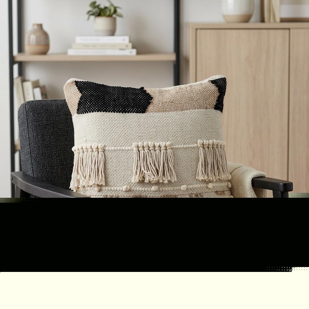 18" Beige and Gold Striped Cotton Blend Throw Pillow With Fringe