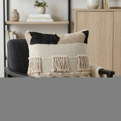 18" Beige and Gold Striped Cotton Blend Throw Pillow With Fringe