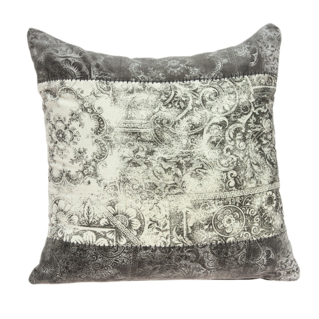 20" Beige and Gray Damask Cotton Throw Pillow