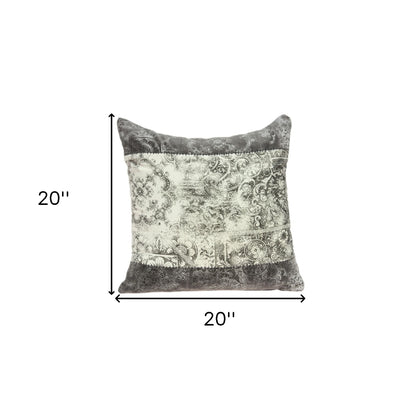 20" Beige and Gray Damask Cotton Throw Pillow