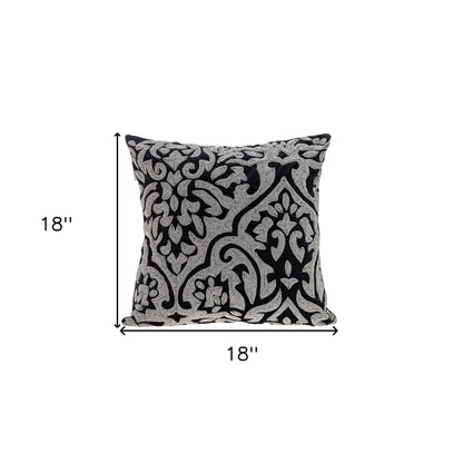 18" Black and Silver Damask Velvet Throw Pillow With Beads