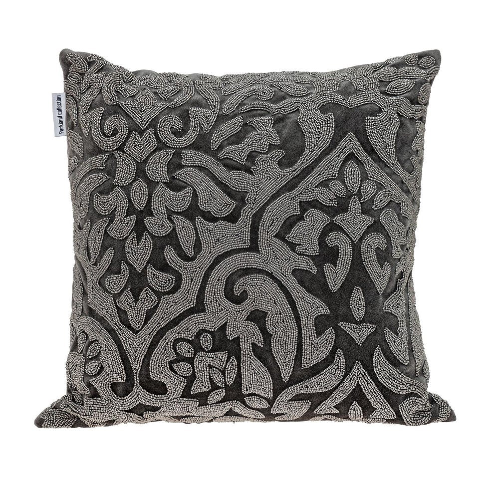 18" Gray and Silver Damask Velvet Throw Pillow With Beads