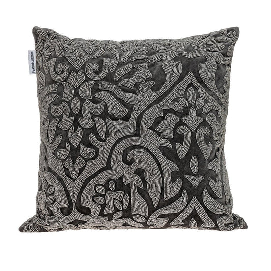 18" Gray and Silver Damask Velvet Throw Pillow With Beads