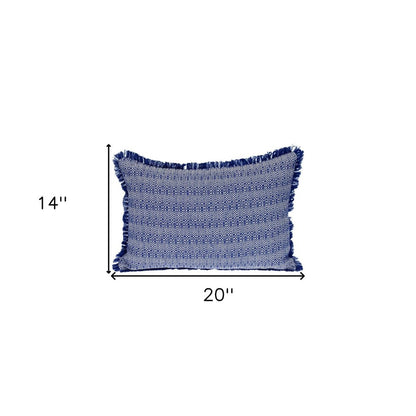 14" X 20" Blue and White Striped Cotton Throw Pillow With Fringe