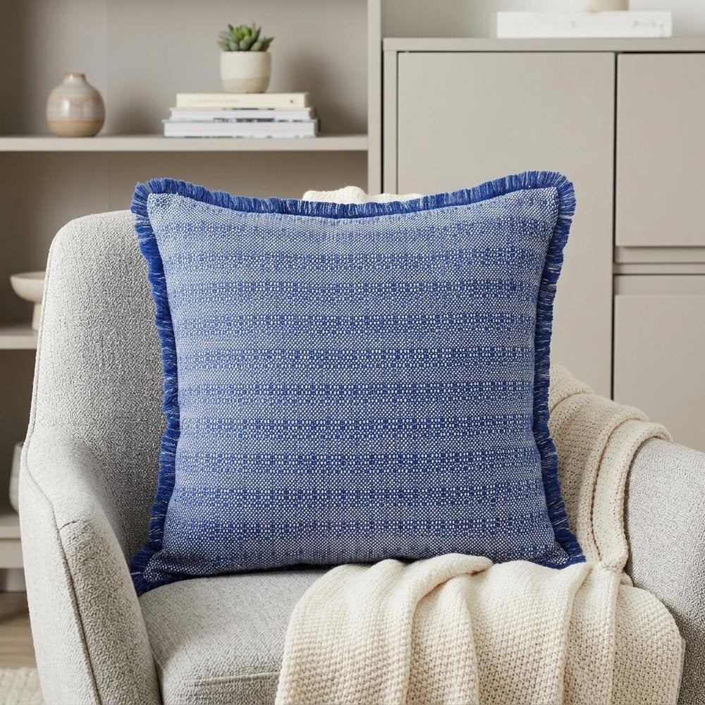 24" Blue and White Striped Cotton Throw Pillow With Fringe