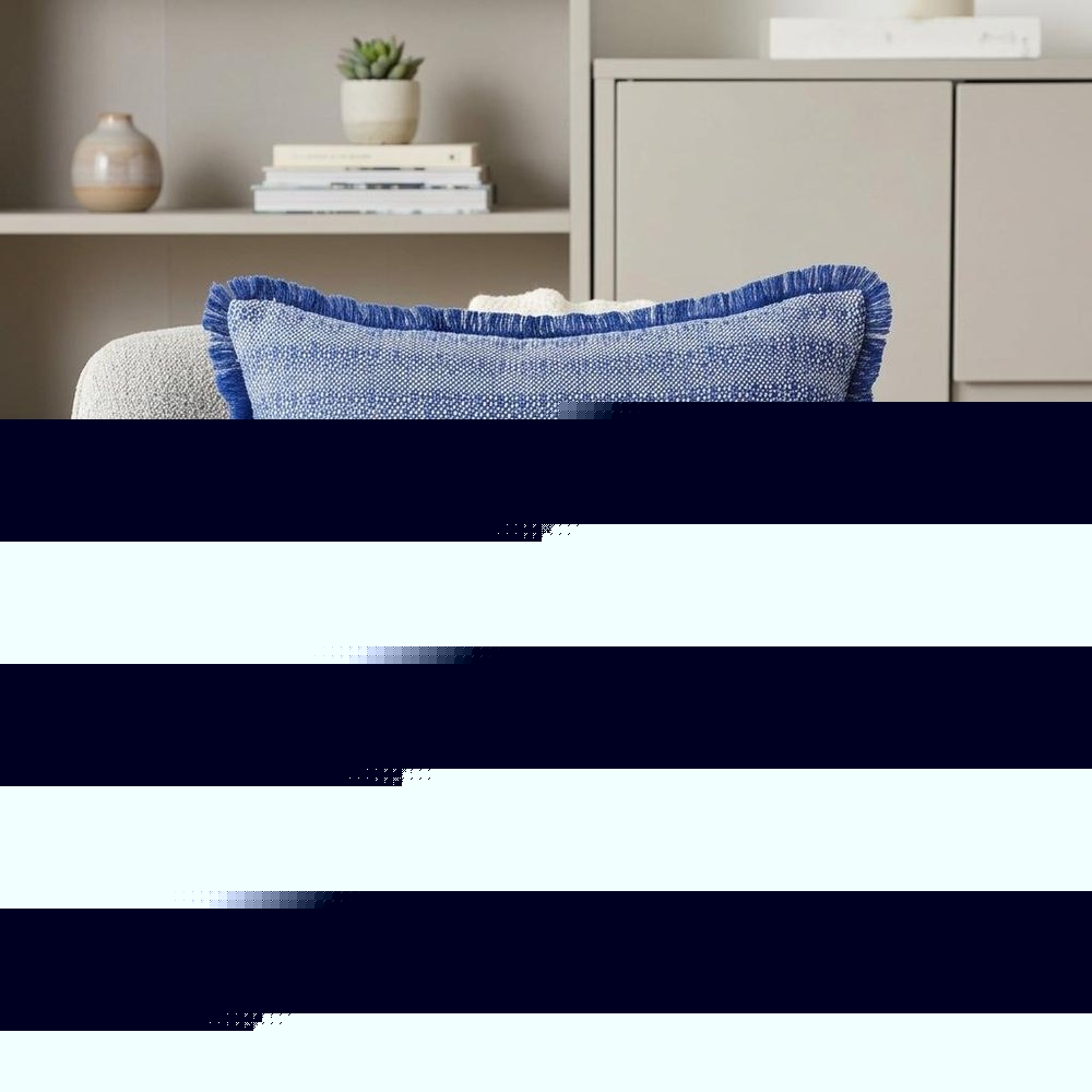 24" Blue and White Striped Cotton Throw Pillow With Fringe