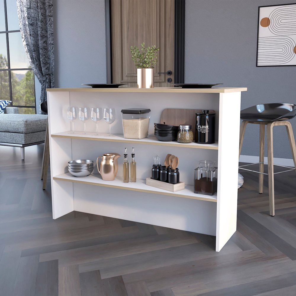 White and Natural 47" Kitchen Island With Storage